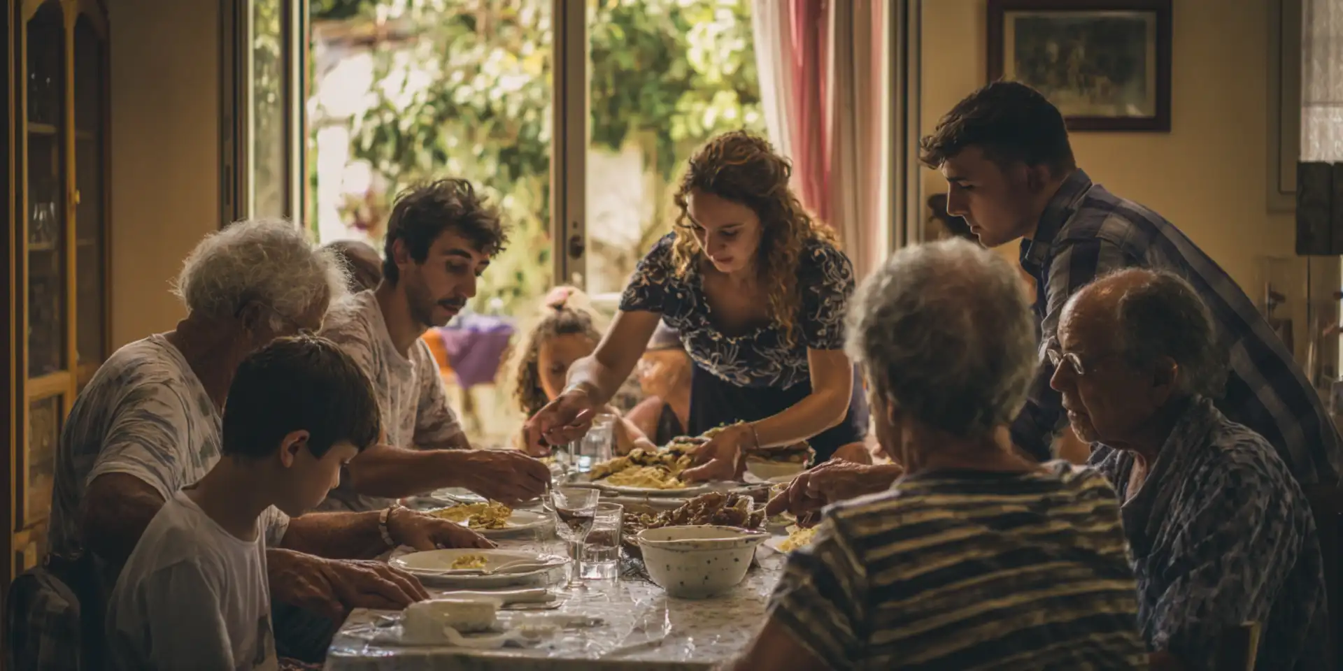 An Italian family gathered around a lunch table with food being passed, natural window light